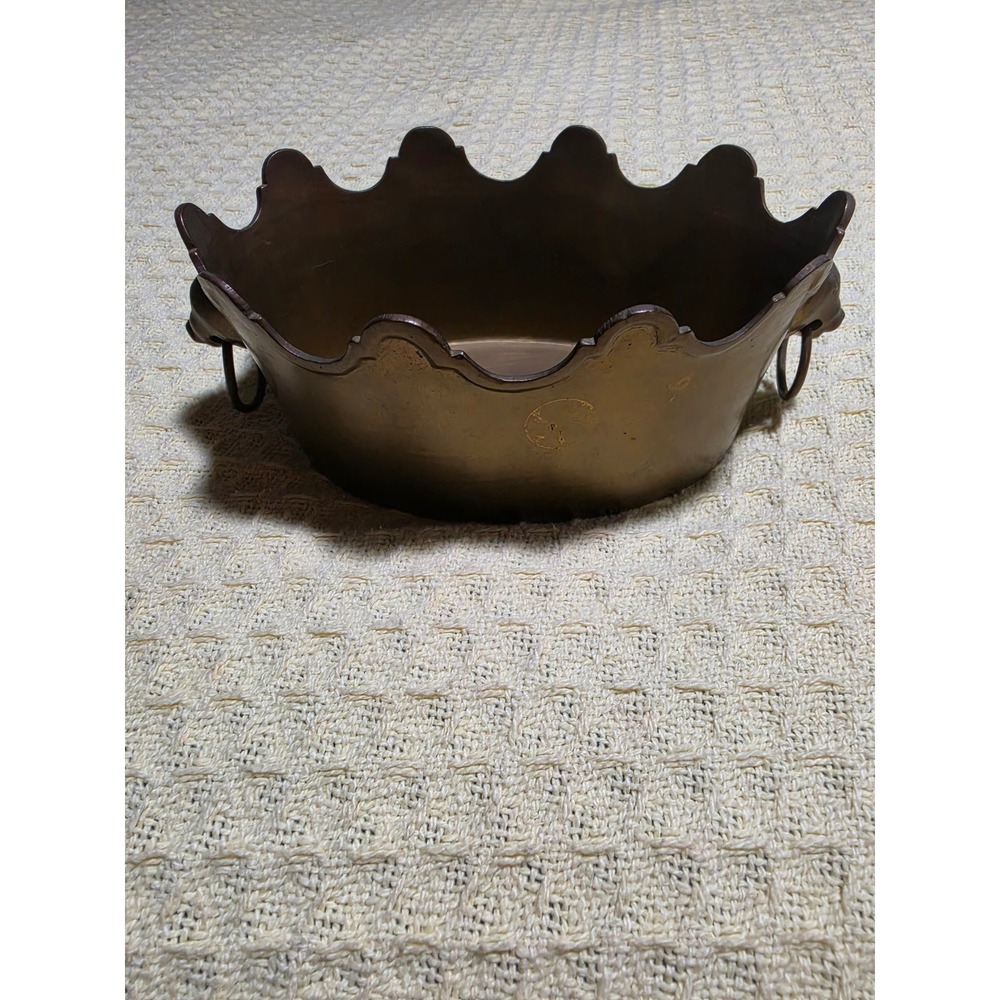 Vintage Brass Scalloped Planter Lion Head Handles Oval Bowl Made in India